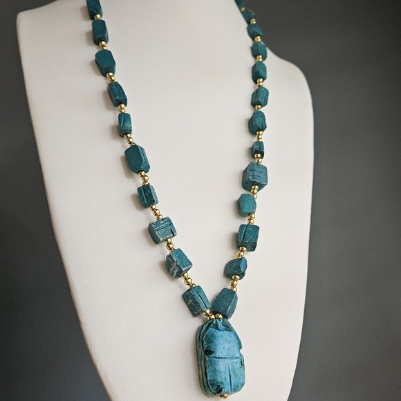 Vintage Scarab Necklace Egyptian Revival Beaded Blue Beetle Glazed Ceramic 28-in - Picture 2 of 13